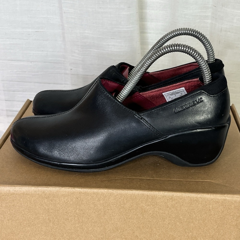 Merrell Angelic Slip On Black Womens Leather Shoes Size 6.5 Comfort Mules‎